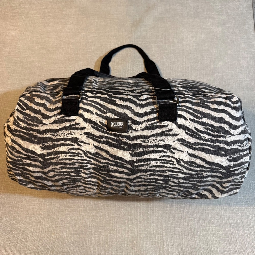 PINK Victoria's Secret Zebra Print Duffle Bag Black White Canvas Weekender